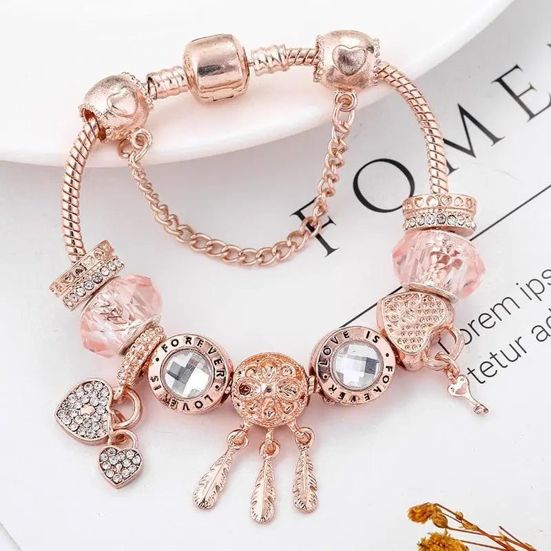 Pulseira com Apanhador de Sonhos Rosa e Pendentes em Prata 925