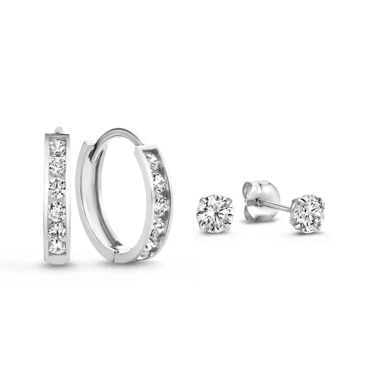 Conjunto de Brincos Dara Brillane com Pedras | Ouro Branco