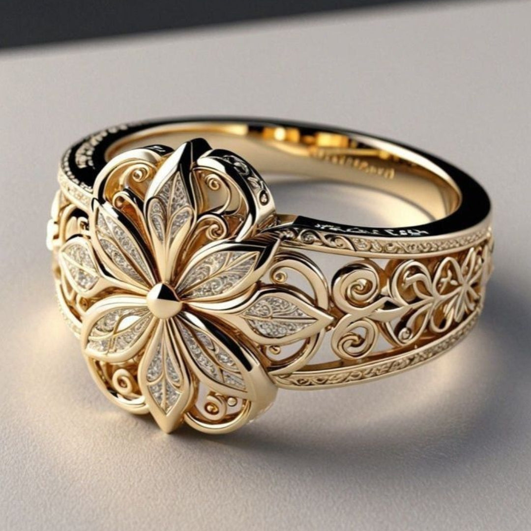 Anel Floral Dourado Exótico com Zircónias