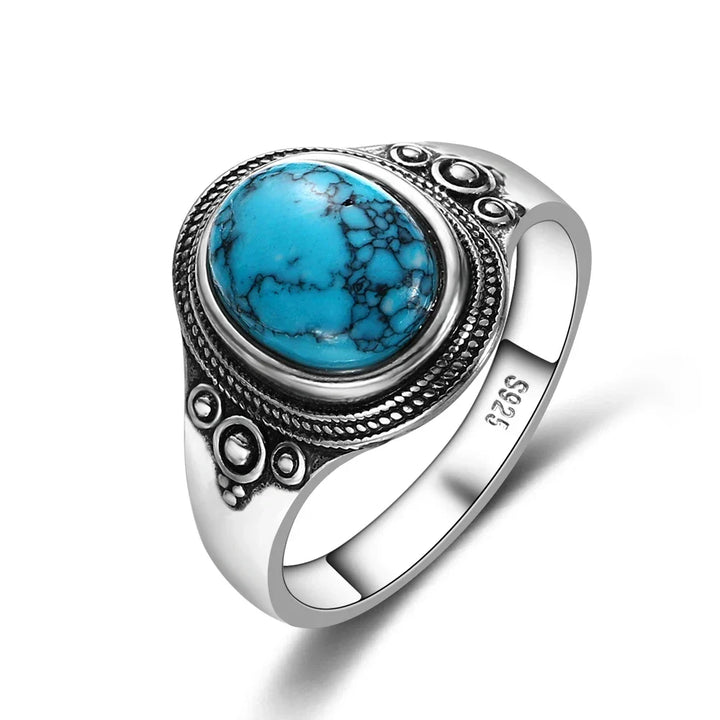Anel Prateado Intemporal com Turquesa Oval