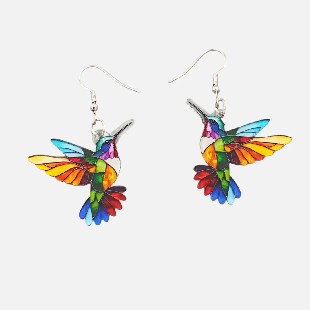 Brincos Pendentes Acrílicos com Colibri – Passarinho Colorido