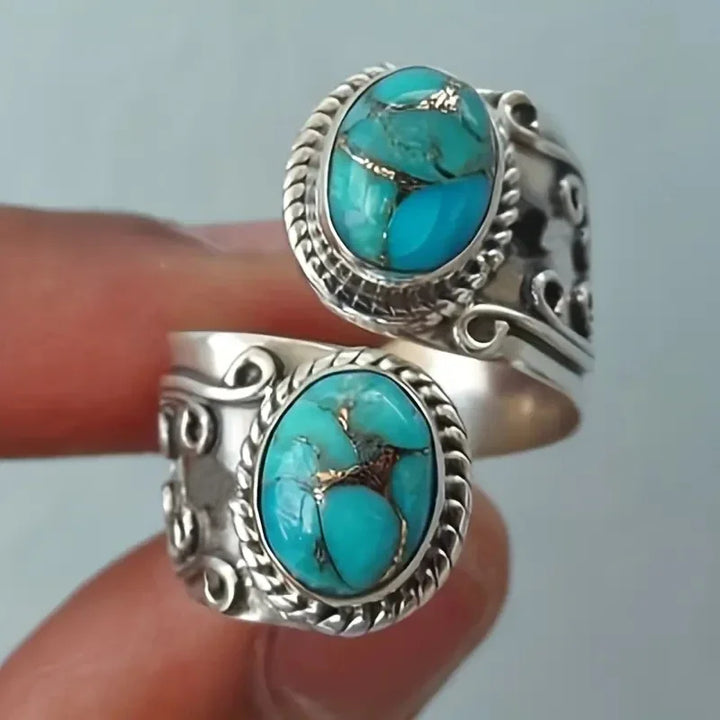 Anel Vintage Elegante com Turquesa e Cruz