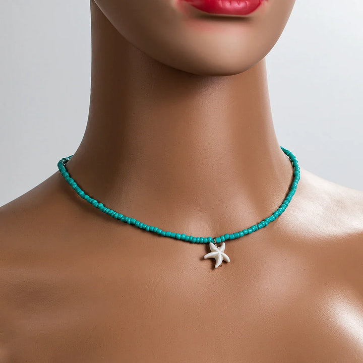 Colar Boémio Elegante com Estrela-do-Mar e Turquesa