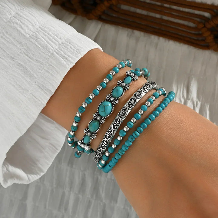 Conjunto de Pulseiras de Contas Boémio com Turquesa