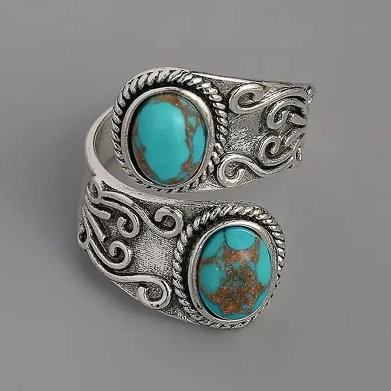 Anel Vintage Elegante com Turquesa e Cruz