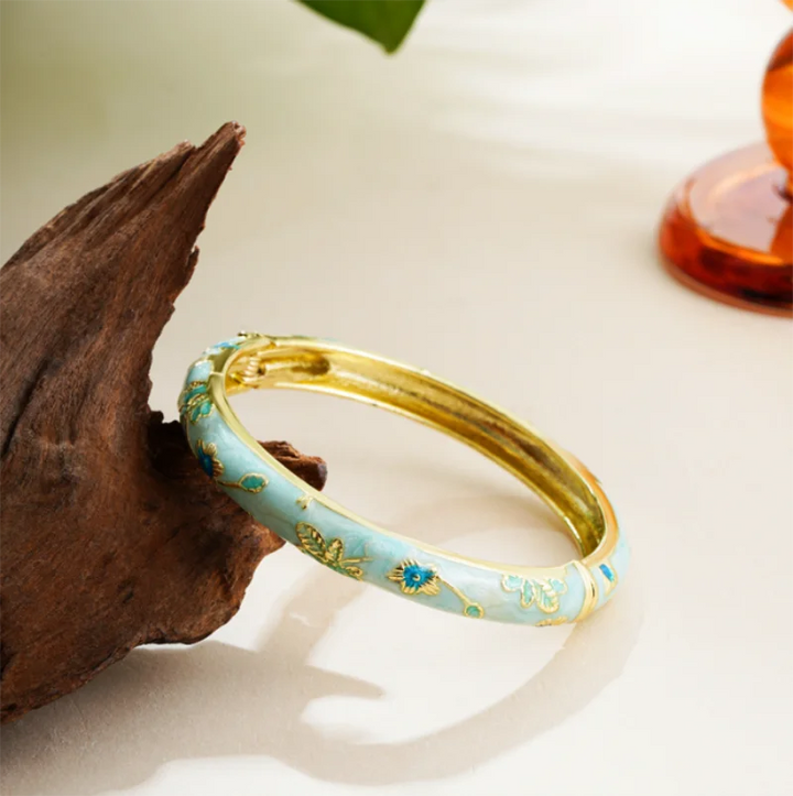 Bracelete Rígida Aberta Vintage com Cloisonné Floral