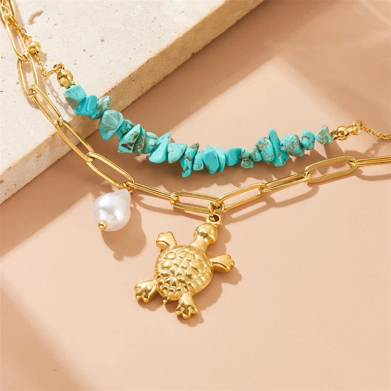 Pulseira Exclusiva com Tartaruga Turquesa em Aço Inoxidável