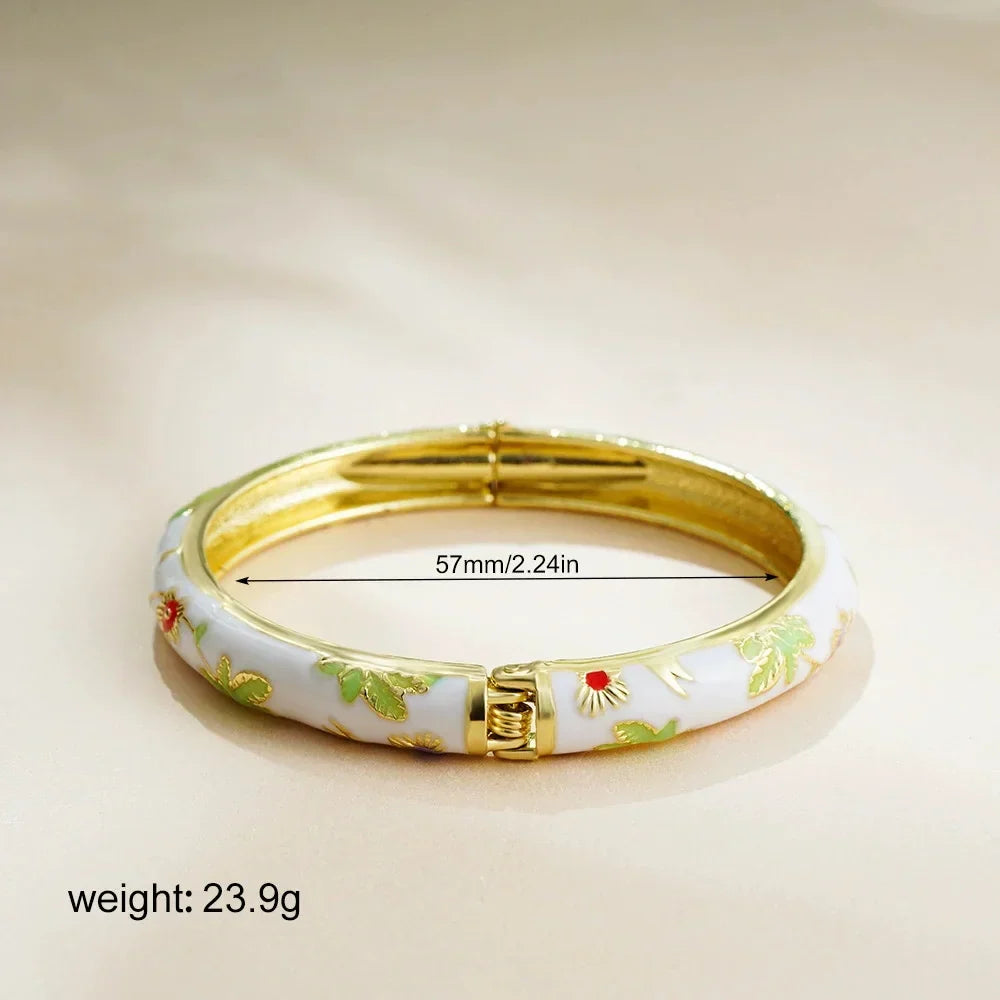 Bracelete Rígida Aberta Vintage com Cloisonné Floral