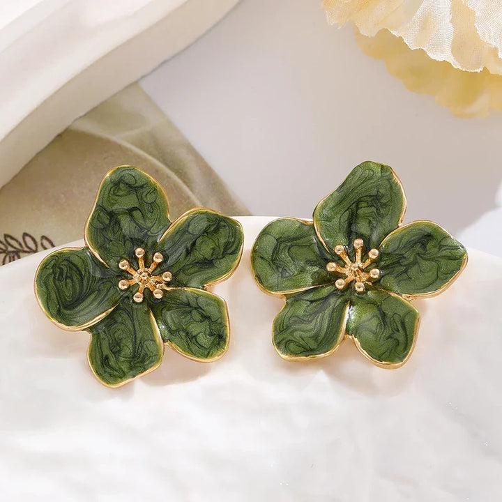 Brincos de Pressão Vintage com Flor de Esmalte Verde
