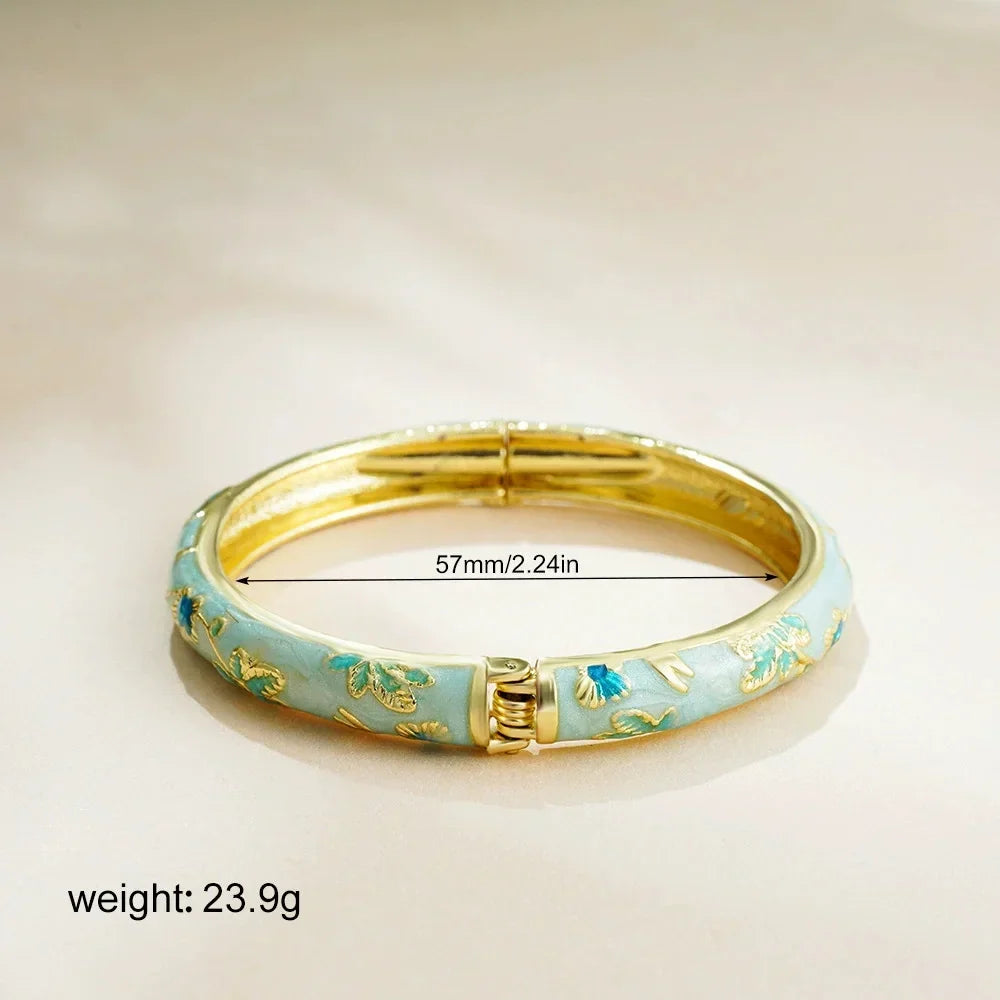 Bracelete Rígida Aberta Vintage com Cloisonné Floral