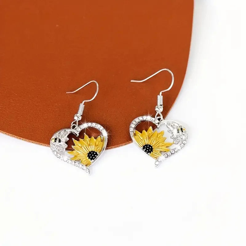 Brincos Pendentes Vintage Boho com Girassol, Abelha e Coração