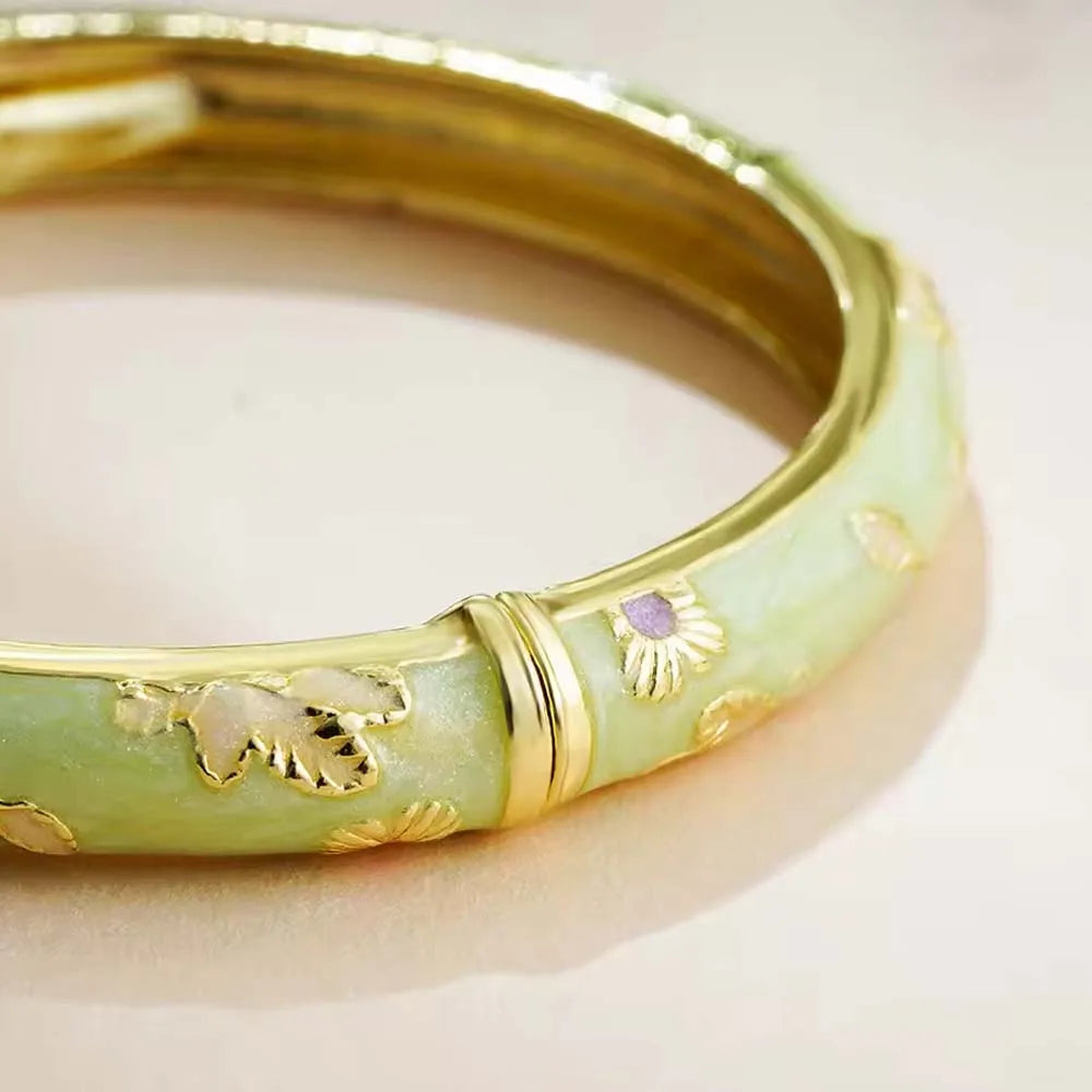 Bracelete Rígida Aberta Vintage com Cloisonné Floral