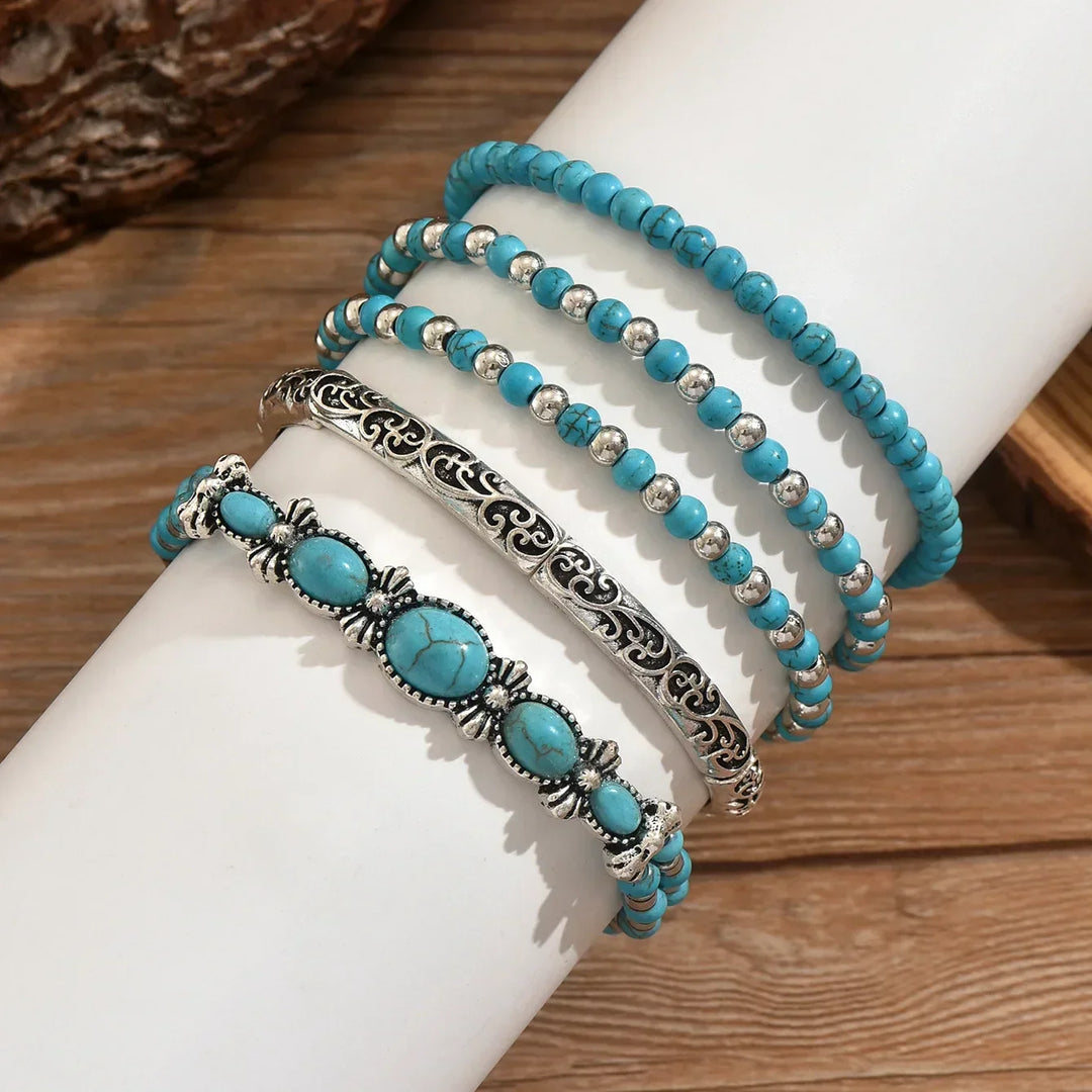 Conjunto de Pulseiras de Contas Boémio com Turquesa