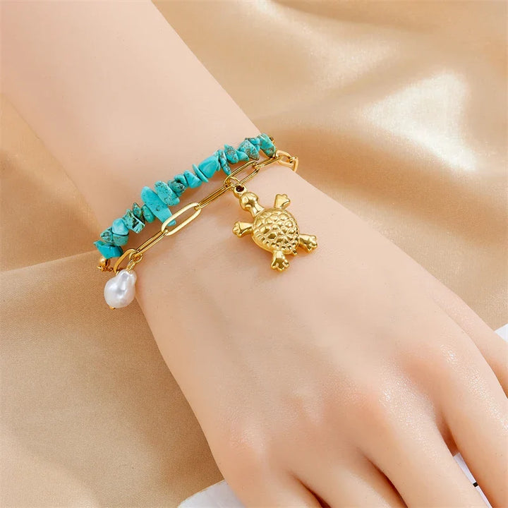 Pulseira Exclusiva com Tartaruga Turquesa em Aço Inoxidável