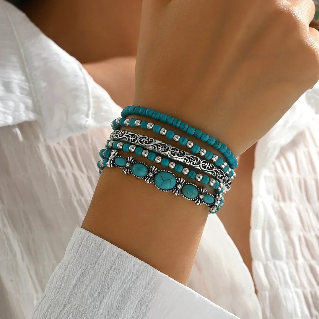 Conjunto de Pulseiras de Contas Boémio com Turquesa