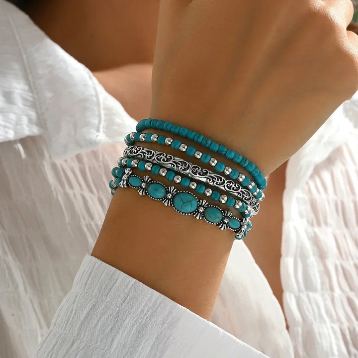 Conjunto de Pulseiras de Contas Boémio com Turquesa