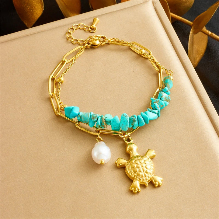 Pulseira Exclusiva com Tartaruga Turquesa em Aço Inoxidável
