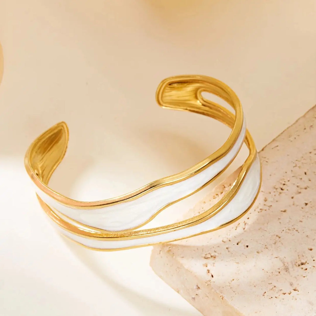 Pulseira Aberta Vintage Branca em Aço Inoxidável