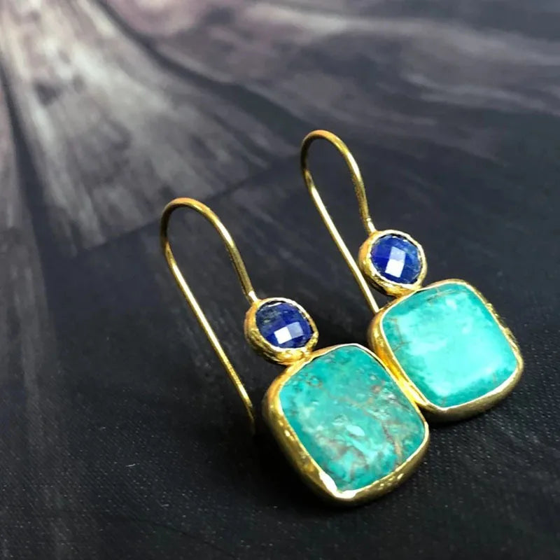 Brincos Quadrados da Moda com Turquesa Engastada