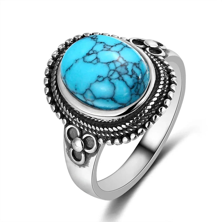 Anel Prateado Intemporal com Turquesa Oval