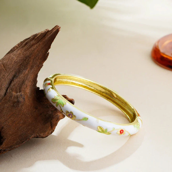Bracelete Rígida Aberta Vintage com Cloisonné Floral