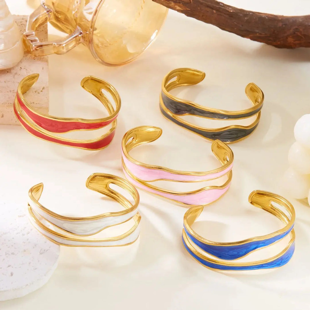 Pulseira Aberta Vintage Branca em Aço Inoxidável