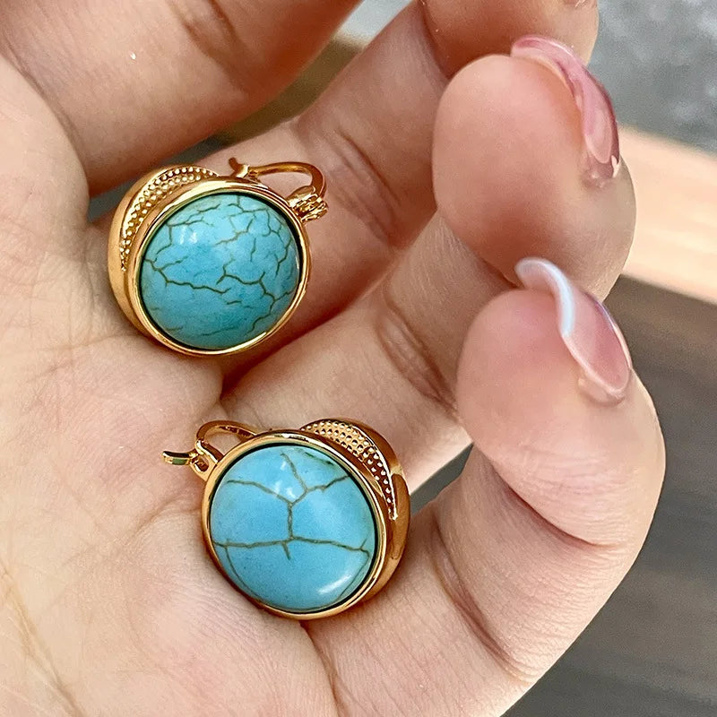 Brincos de pressão geométricos vintage e elegantes com turquesa