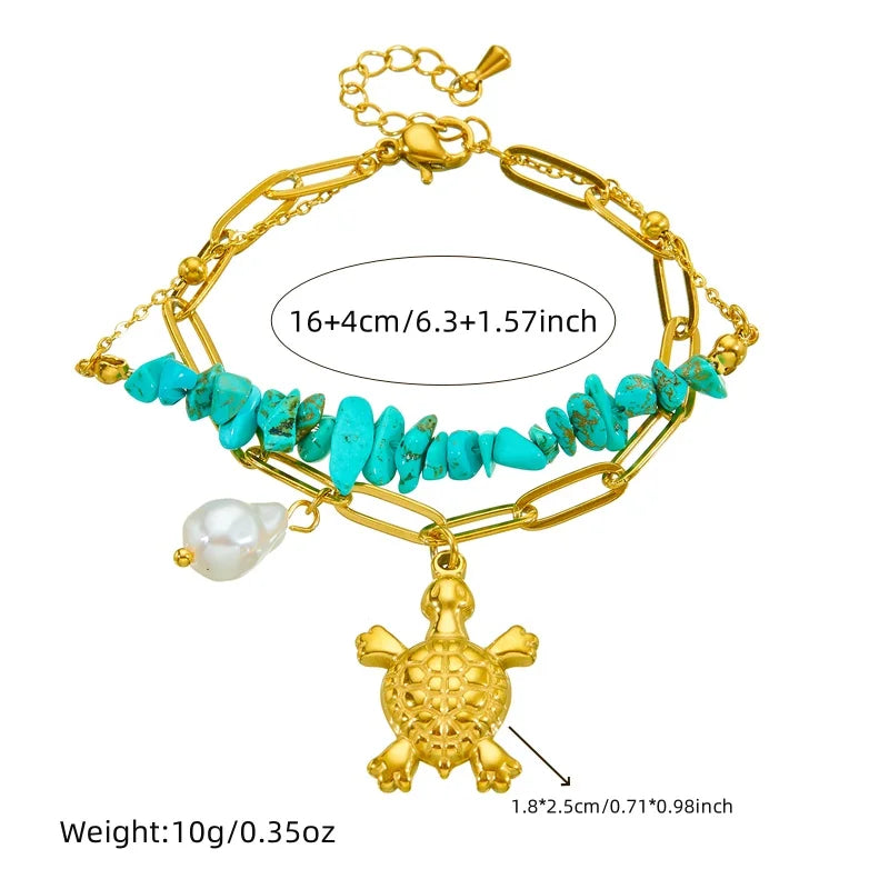 Pulseira Exclusiva com Tartaruga Turquesa em Aço Inoxidável