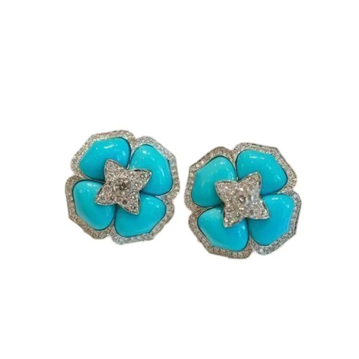 Brincos Prateados Sofisticados com Flor Azul