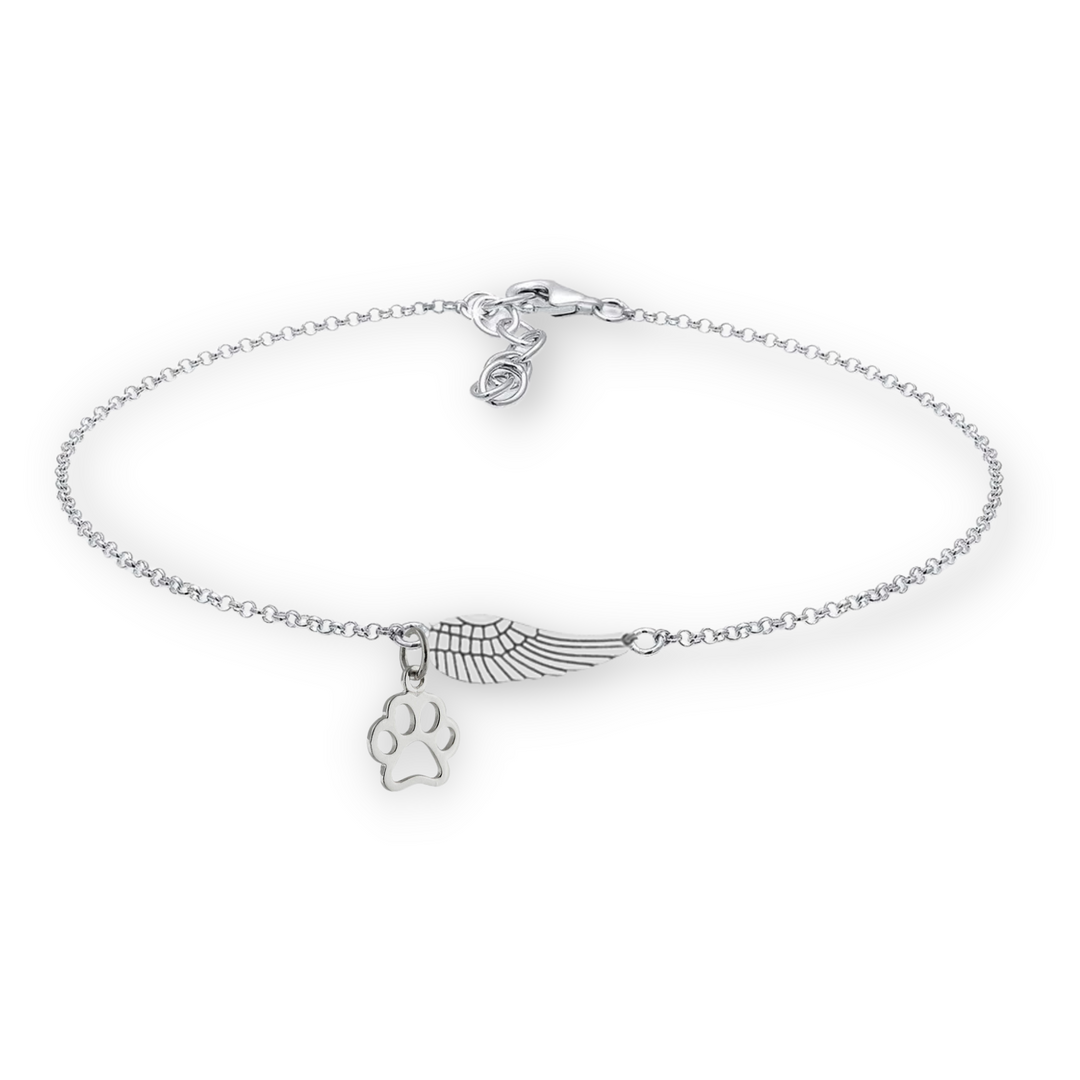Pulseira Prateada em Memória com Asa de Anjo e Pegada de Pata | Feita à Mão