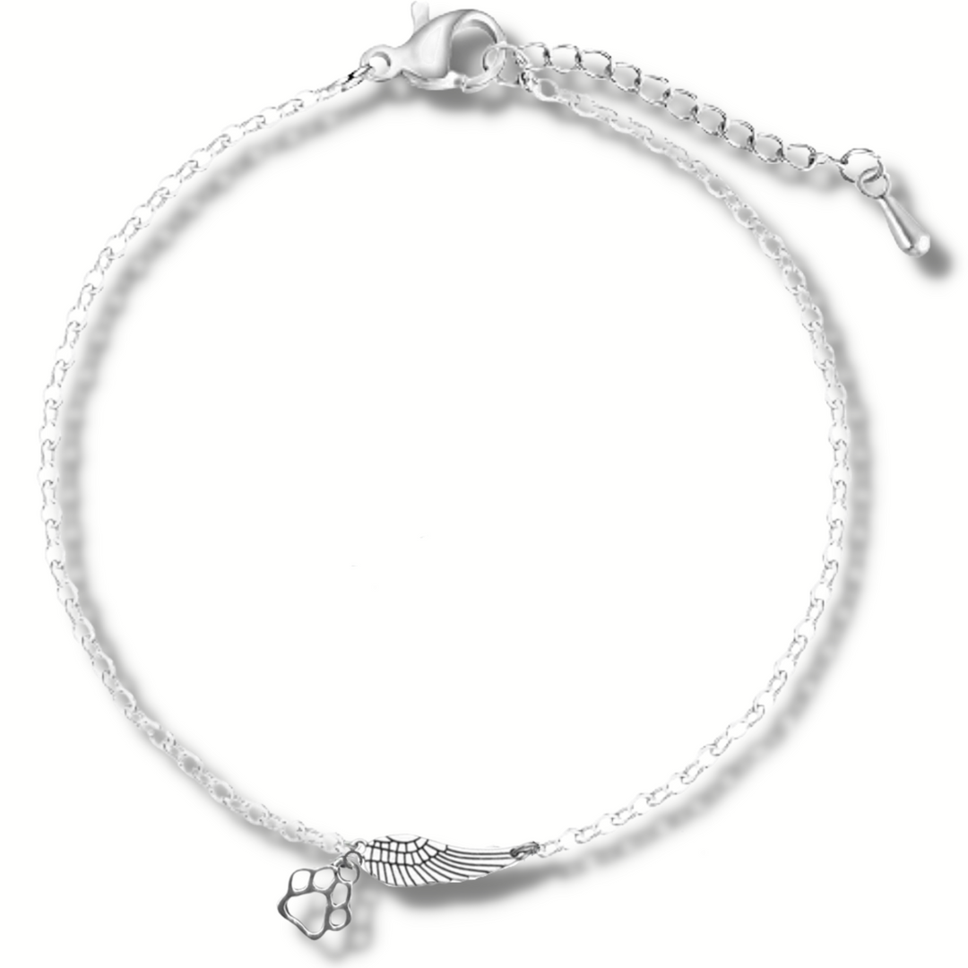 Pulseira Prateada em Memória com Asa de Anjo e Pegada de Pata | Feita à Mão