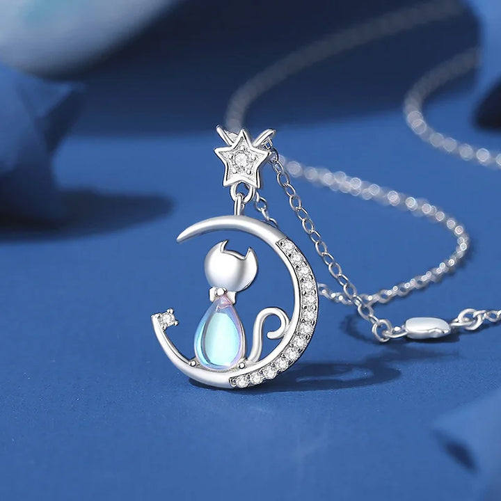 Colar com Gato e Lua, Prata 925