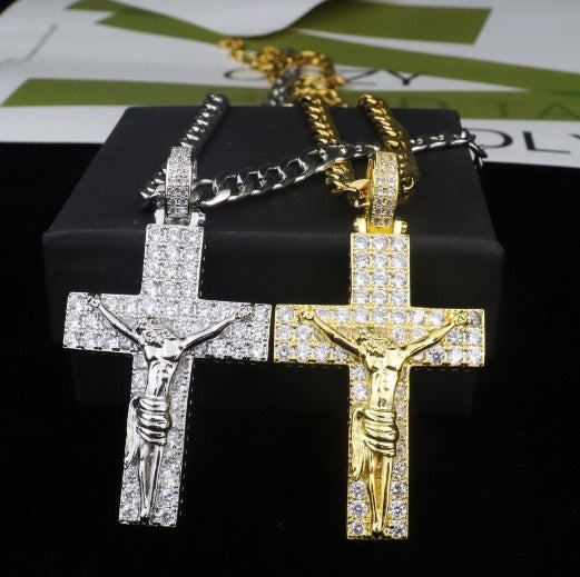 Colar com Crucifixo de Jesus Cristo, Banhado a Ouro 14K