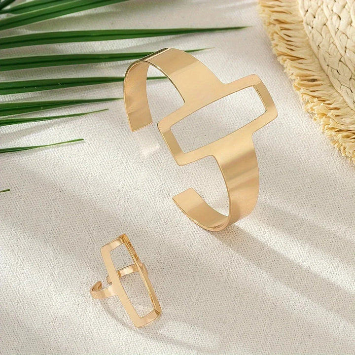 Conjunto Ajustável de Pulseira e Anel Geométricos