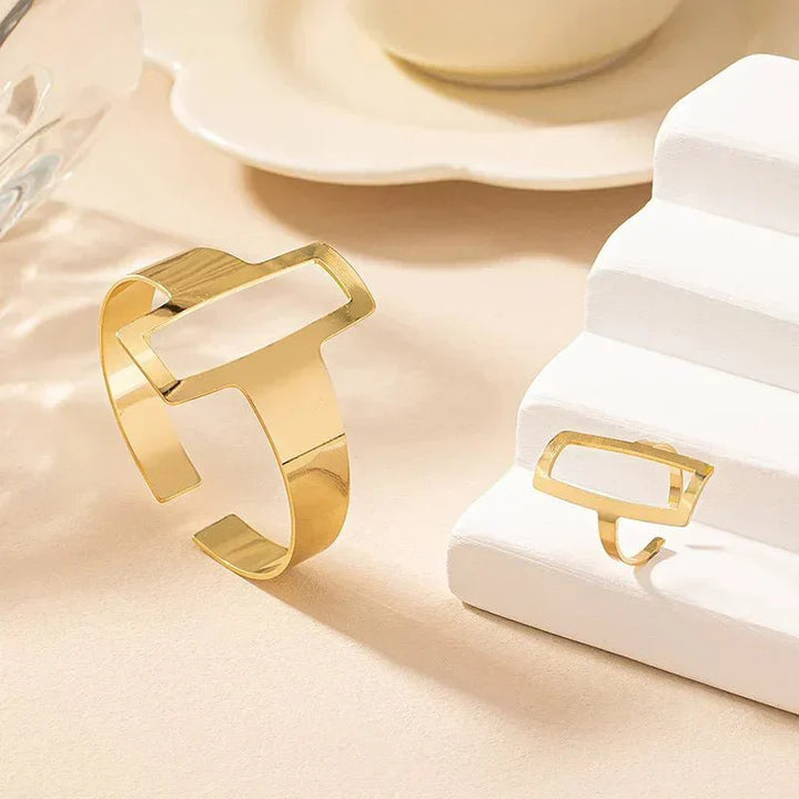 Conjunto Ajustável de Pulseira e Anel Geométricos