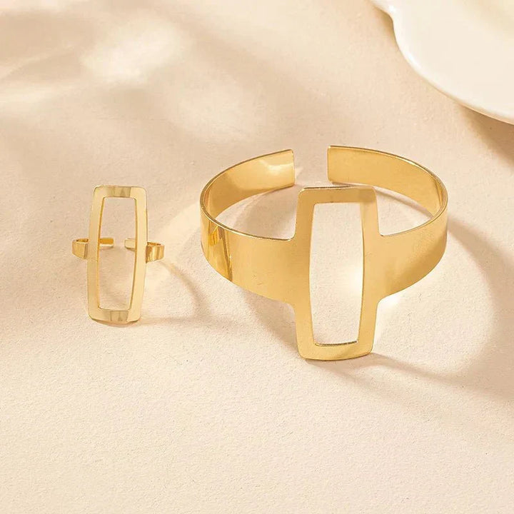 Conjunto Ajustável de Pulseira e Anel Geométricos