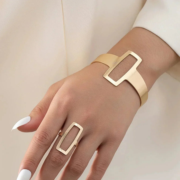 Conjunto Ajustável de Pulseira e Anel Geométricos