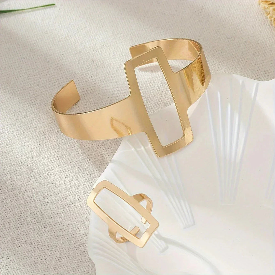 Conjunto Ajustável de Pulseira e Anel Geométricos