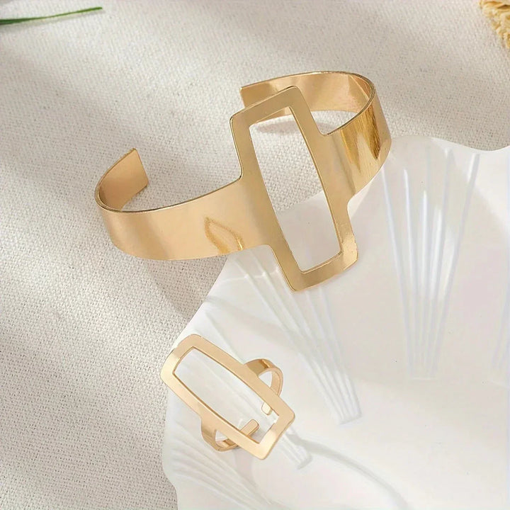 Conjunto Ajustável de Pulseira e Anel Geométricos