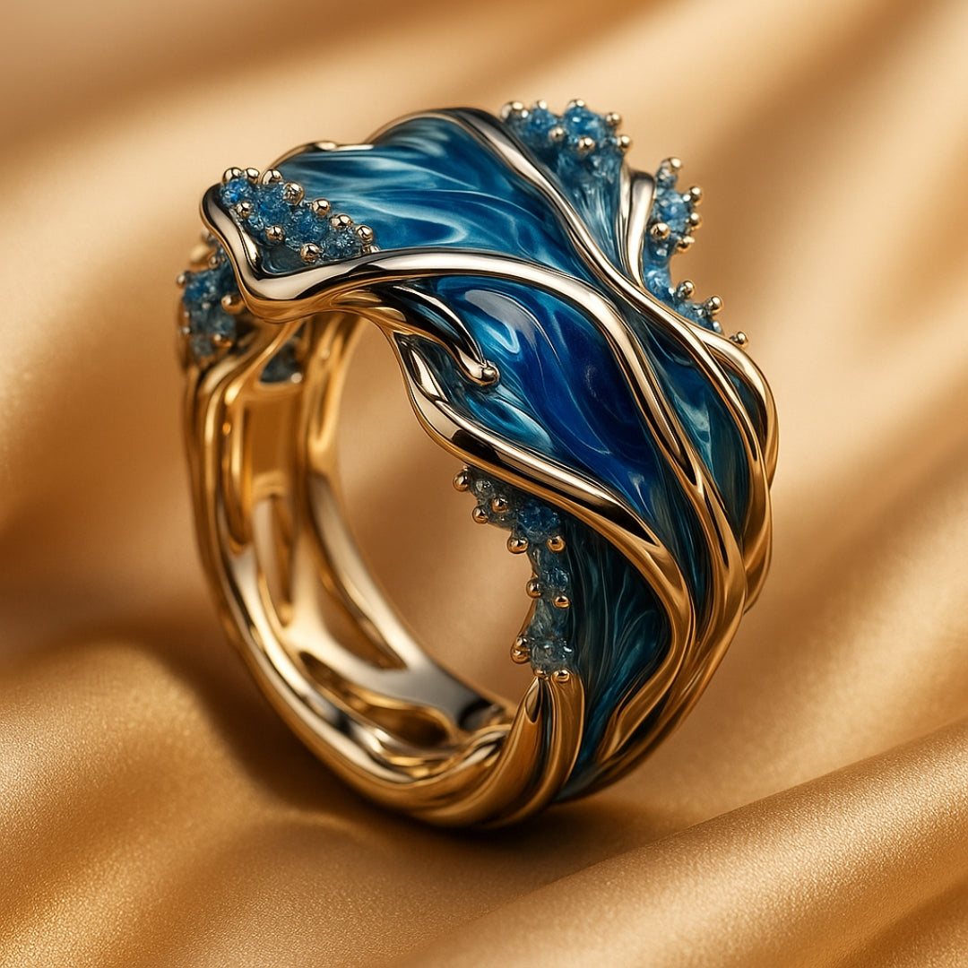 Anel Vintage Dourado Ondulado Oceano