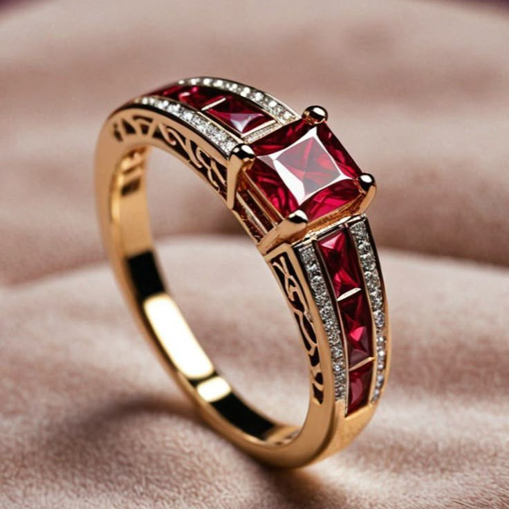 Anel Dourado Exótico com Cristal Vermelho