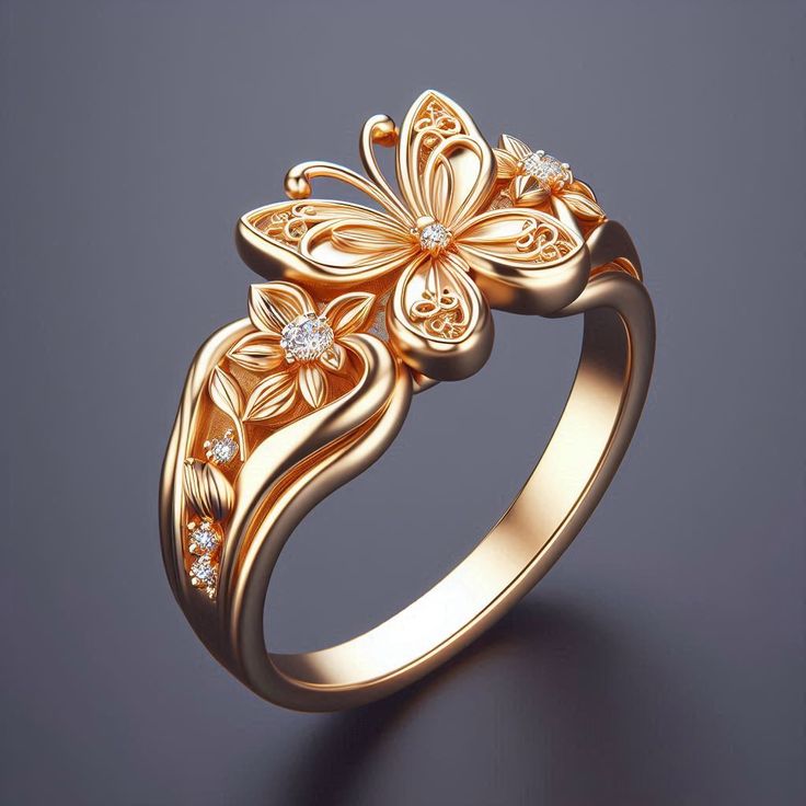 Anel Floral Dourado Exótico com Borboleta