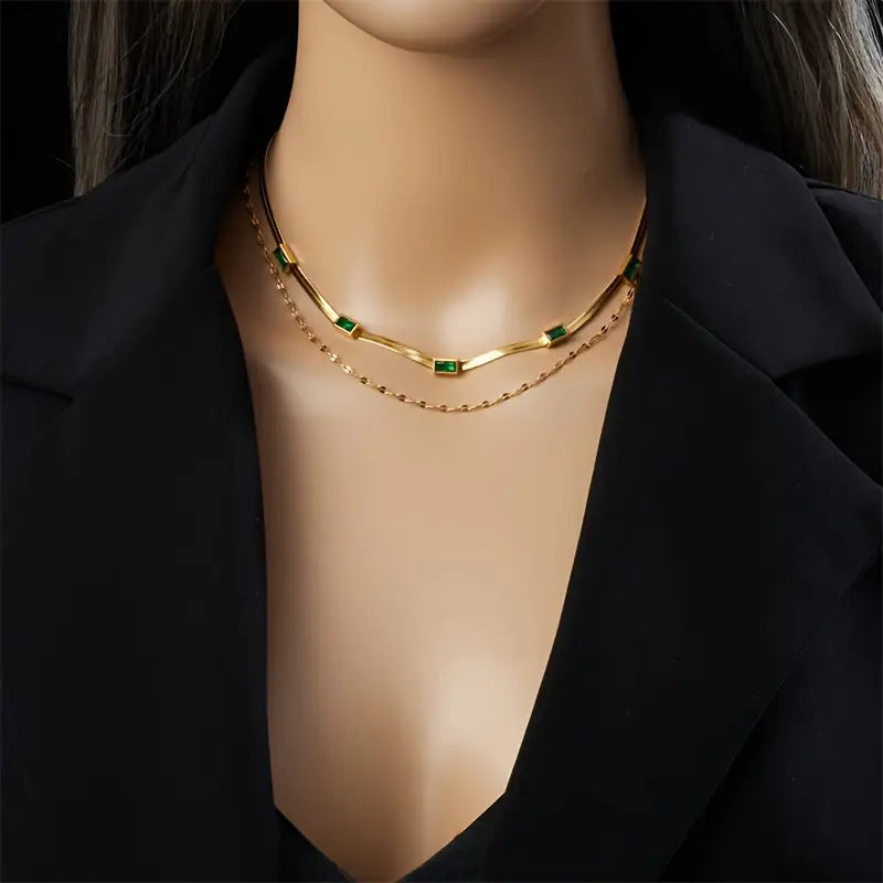 Colar Retro de Duas Camadas Sorella com Pedra Preciosa | Ouro