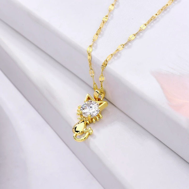 Colar Banhado a Ouro com Gato e Zircónia