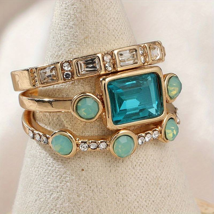 Conjunto de Anéis Vintage com Cristal Azul