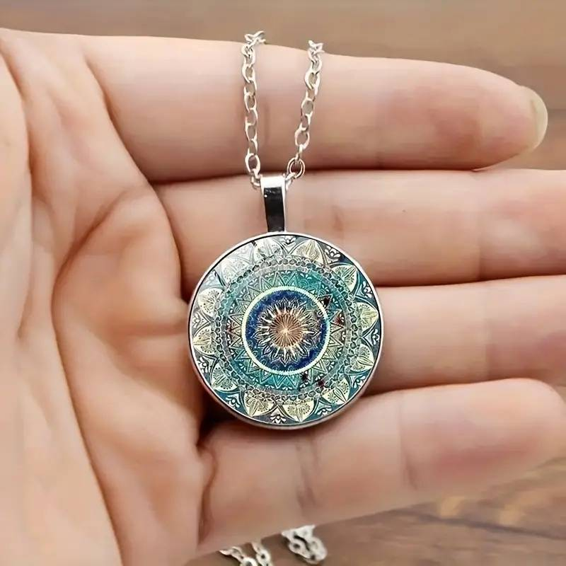 Colar Vintage com Mandala Azul Redonda