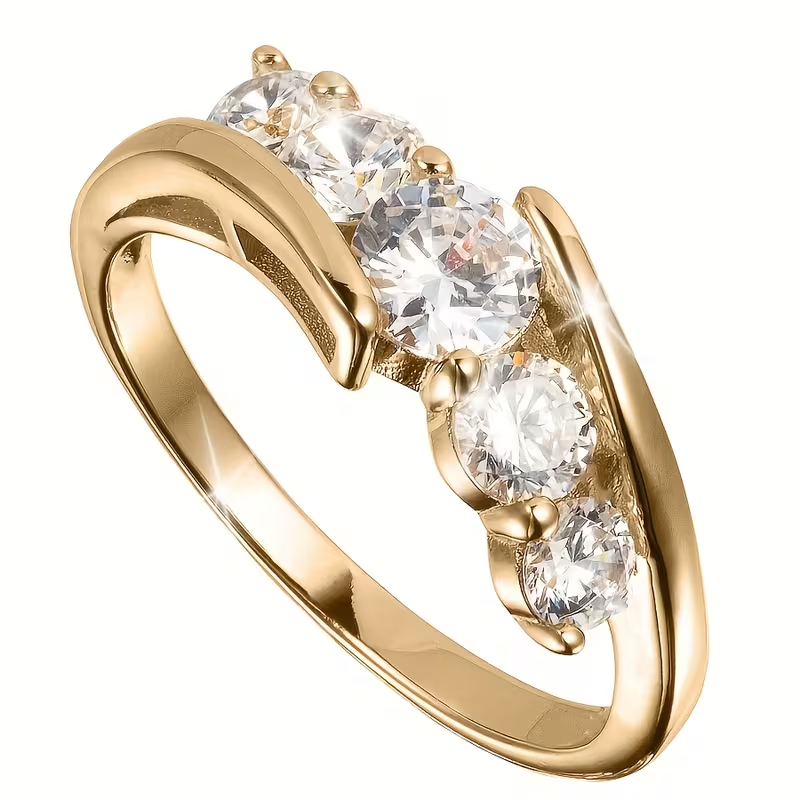 Anel de Luxo Elegante com Zircónias, Ouro 14K