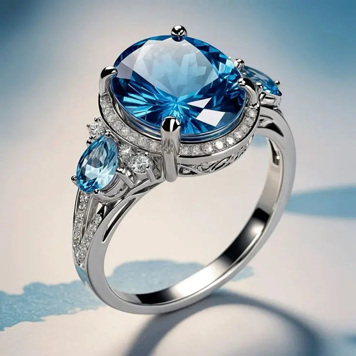Anel Vintage Prateado com Cristal Azul