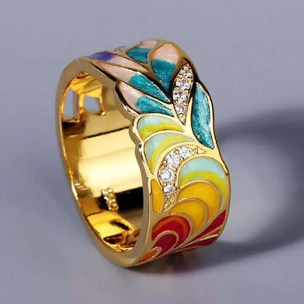 Anel Floral Pintado à Mão em Ouro Vintage