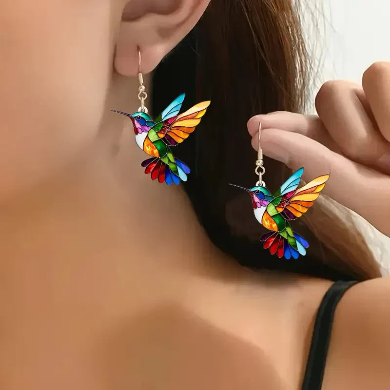 Brincos Coloridos com Colibri | Ouro Branco
